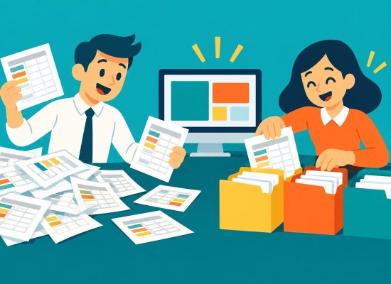 Ilustración 2D: una planilla que se transforma en registros comerciales organizados, sin representar una pantalla real.