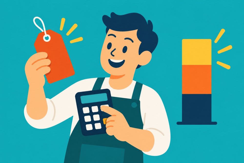 Ilustración 2D: un producto, una calculadora y piezas que representan costo, precio y ganancia.