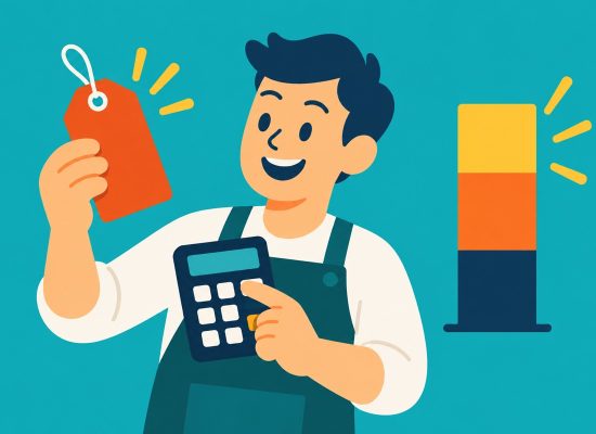 Ilustración 2D: un producto, una calculadora y piezas que representan costo, precio y ganancia.