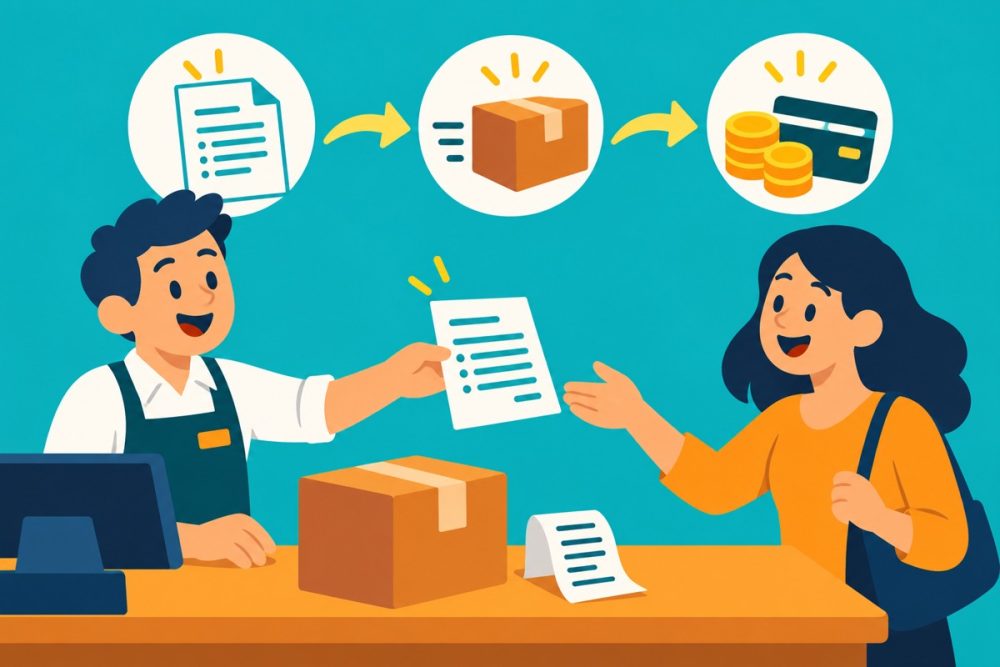 Ilustración 2D: recorrido comercial desde un presupuesto hasta la entrega y el cobro, con documentos y cajas.