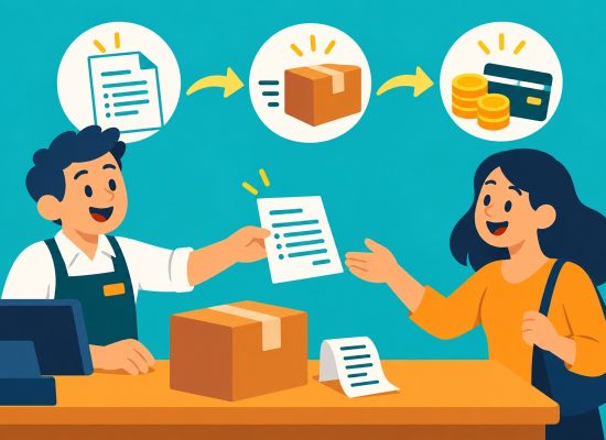 Ilustración 2D: recorrido comercial desde un presupuesto hasta la entrega y el cobro, con documentos y cajas.