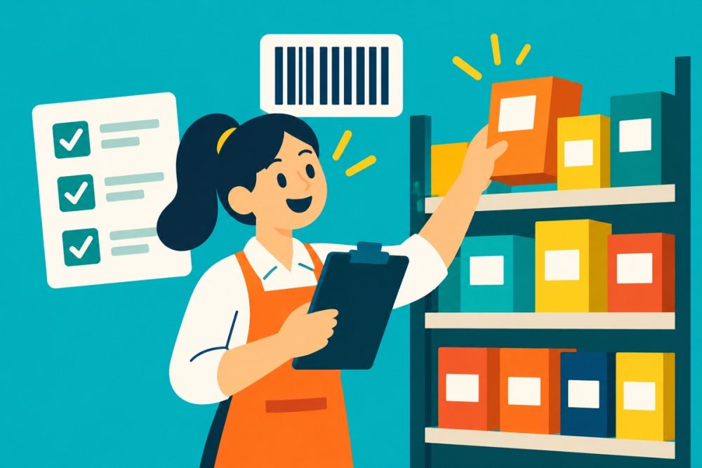 Ilustración 2D: un depósito comercial organizado con cajas, estanterías y control de existencias.